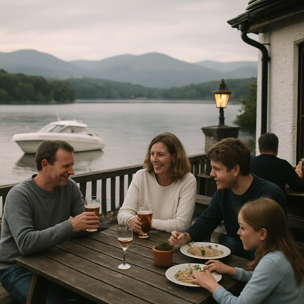 A luxury motor yacht moored on Lake Windermere with the Lakeland fells beyond